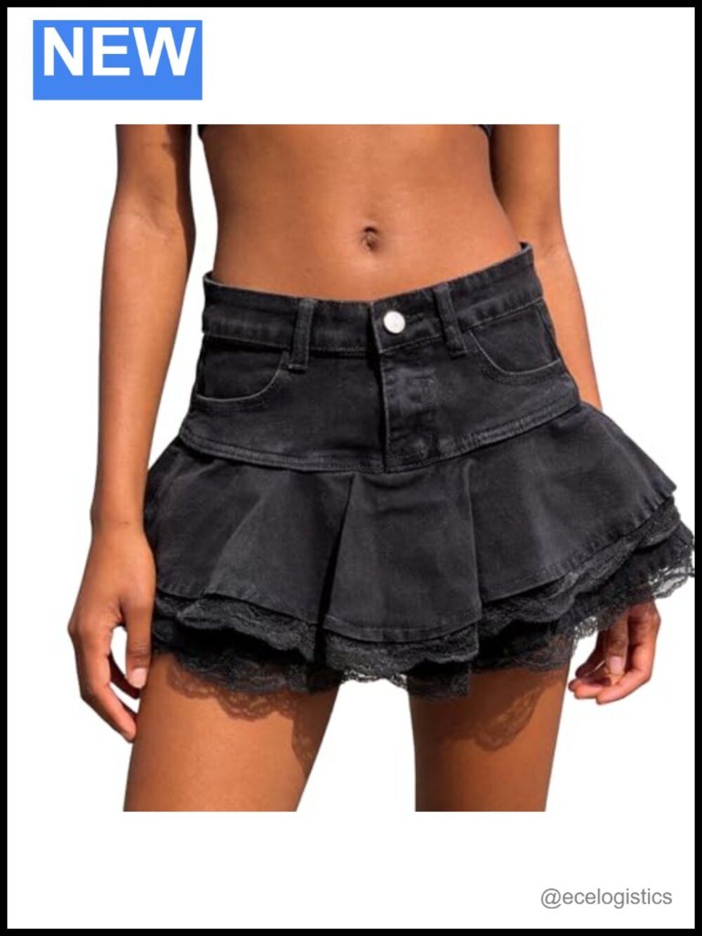 Denim A-Line Mini Skirt High Waist Lace Trim Ruffled